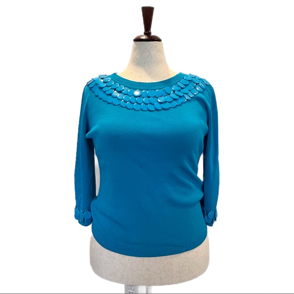Blue Women's Sweater with Embellished Neckline